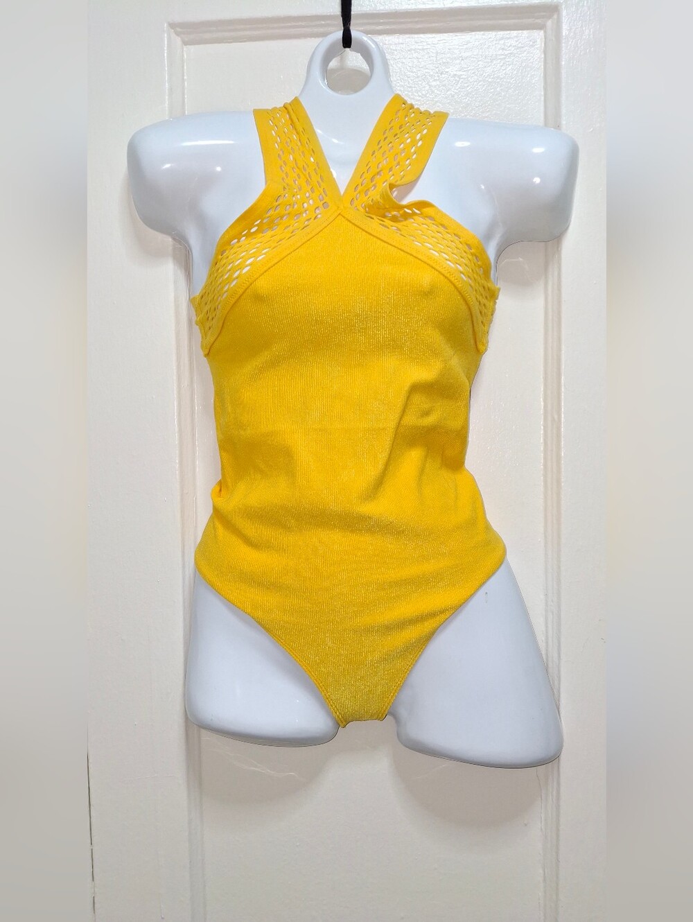 NWT Express Yellow Mesh Halter Bodysuit S/M $58 Retail Stretch Knit Top